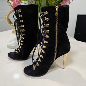 Balmain Black Suede Lace Up High Heel Boots Gold Hardware Designer Boots